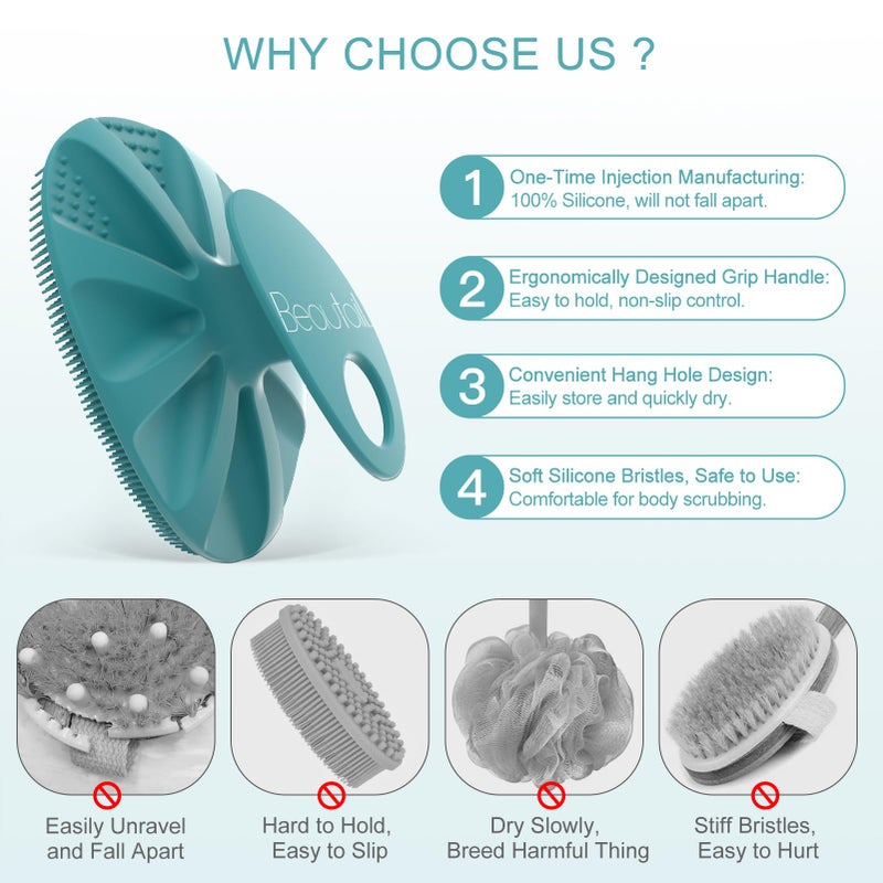 BEAUTAIL Silicone Body Scrubber 2 Pack Shower Bath Wash Brush Gentle Exfoliating Scrub Cleansing Loofah for Women Men Baby Sensitive Skin  Easy to Clean  Lather Nicely  More Hygienic  Black+Cyan - Image 3